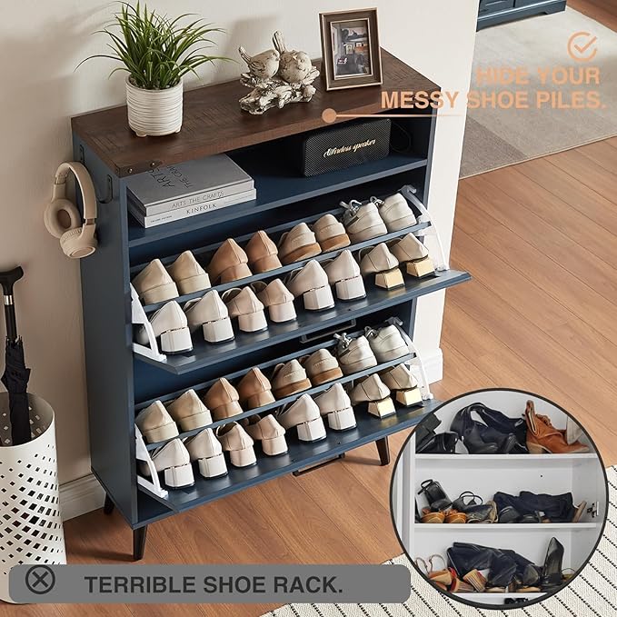 Shoe Storage Cabinet,Farmhouse Shoe Organizer with 2 Flip Drawers & Barn Door Design,Freestanding Hidden Slim Narrow Shoe Rack Cabinet with Open Storage for Entryway, Foyer,Hallway,Blue-NeatNest