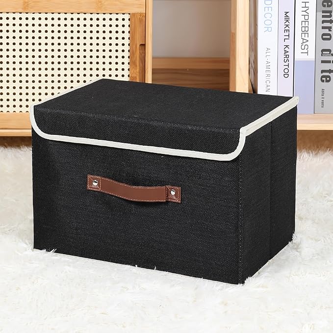 ANMINY Storage Bin with Lid Storage Boxes with PU Leather Handles PP Plastic Board Decorative Foldable Lidded Cotton Linen Fabric Home Cubes Baskets Closet Organizer Container - Black, Large Size-NeatNest
