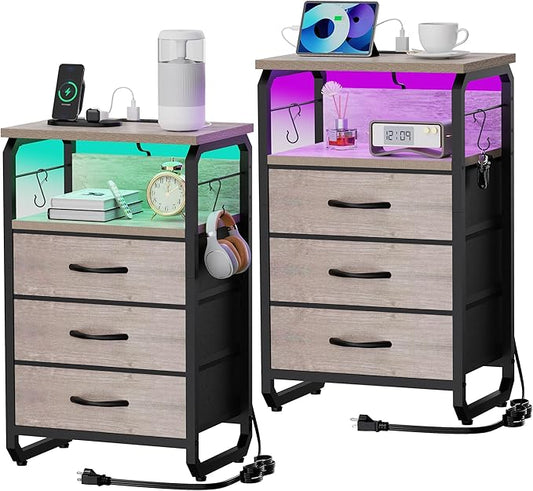 Tall Nightstand Set of 2 with Charging Station, Bed Side Tables Bedroom Set of 2, LED Night Stand Set 2, Bedside Table with Drawers, Night End Table with Storage for Bedroom, Dorm Greige