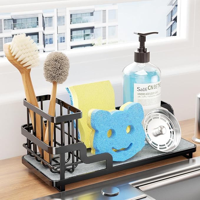 Consumest Sponge Holder for Kitchen Sink - Sink Caddy Organizer with Water Absorbing Stone Tray, Detachable Brush Holder, Stainless Steel Kitchen Counter Organizer Rack, Black-NeatNest