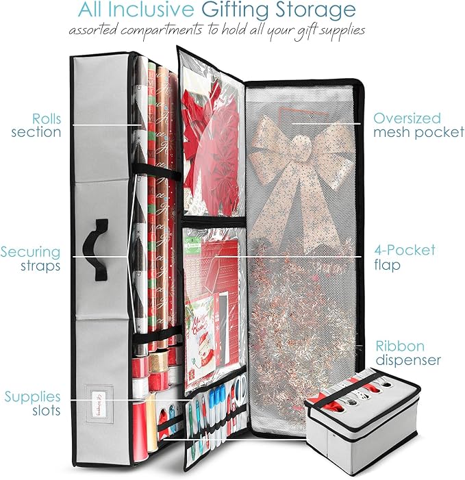 Hearth & Harbor Wrapping Paper Storage Container - Christmas Storage Bag with Ribbon Dispenser and Interior Pockets - Gift Wrap Organizer Fits Up to 26 Rolls of 40" Length, Silver-NeatNest