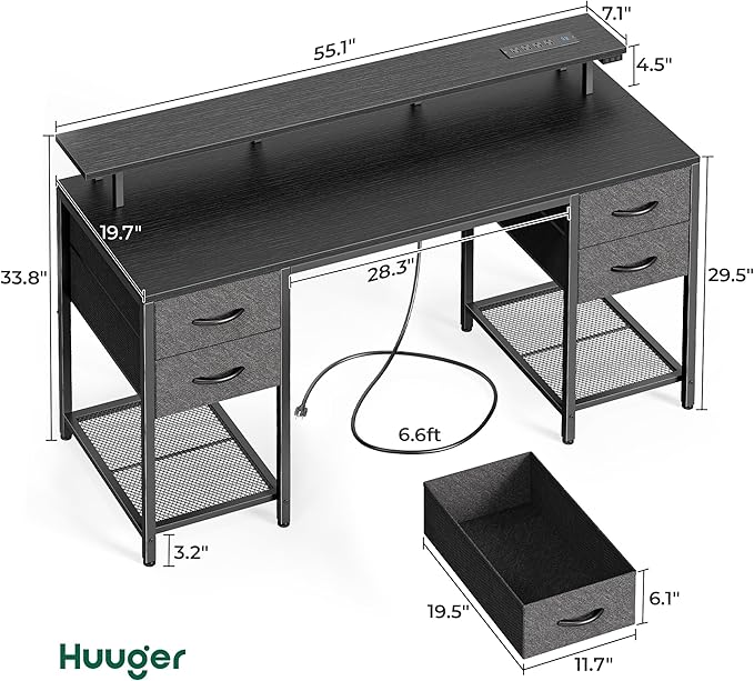 Huuger 55 inch Computer Desk with 4 Drawers, Gaming Desk with LED Lights & Power Outlets, Home Office Desk with Large Storage Space for Bedroom, Work from Home, Black-NeatNest