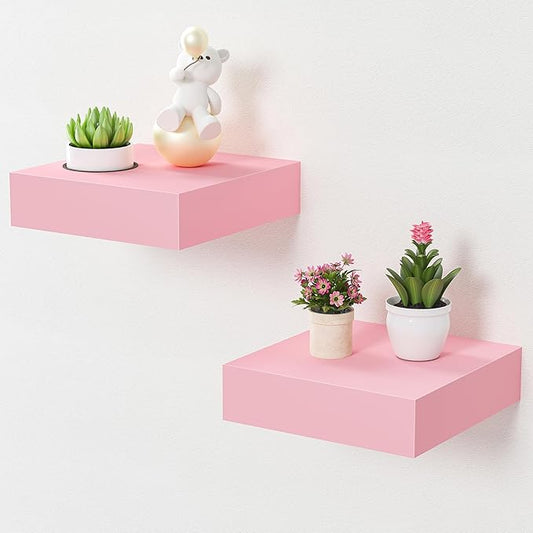 BAMEOS Pink Floating Shelves for Wall, 6" x 6" Wall Shelves for Room, Floating Book Shelves, Hanging Shelves for Bedroom, Bedroom, Living Room, Kitchen (Set of 2)-NeatNest