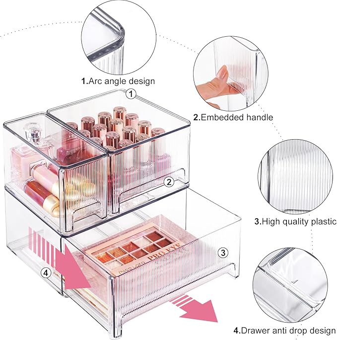 Clear Stackable Makeup Organizer, 3 Pack Plastic Drawer Storage with Handle for Vanity Bathroom Countertop, Transparent-NeatNest