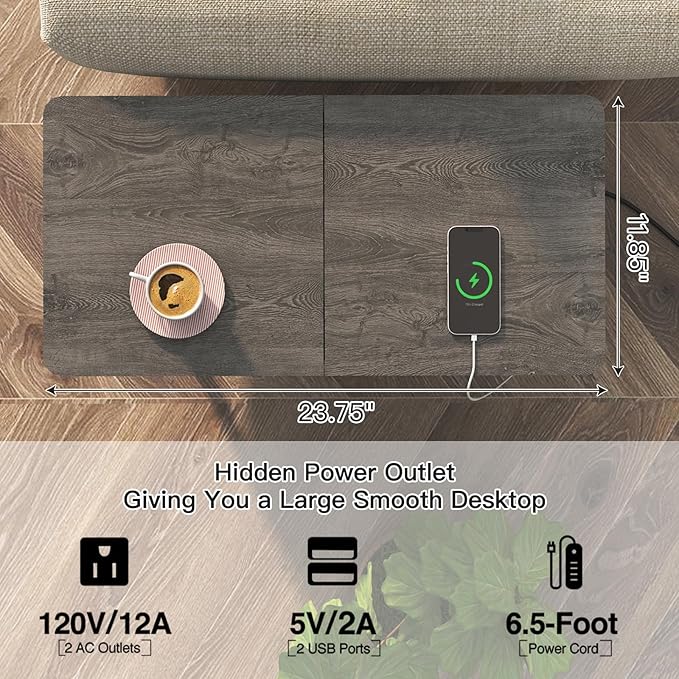 SOOWERY End Table with Charging Station, Narrow Side Table with Flip Top Cabinet and Fabric Drawer, Nightstand Bedside Tables for Small Spaces, Bedroom, Living Room, Dark Grey
