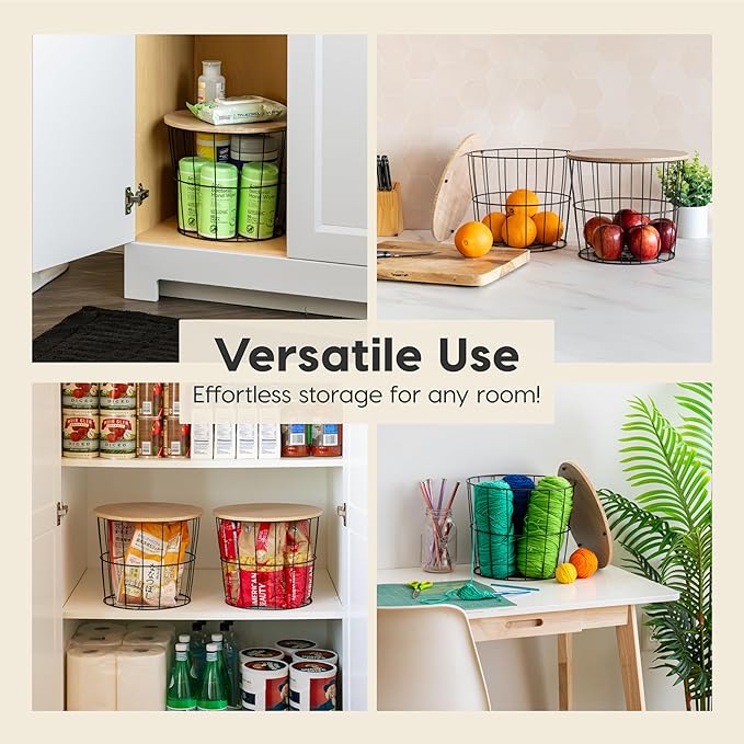 IRIS USA Round Wire Basket with Wooden Lid, 2 Pack, Potato Onion Vegetable Storage, Nestable Storage Bins, Water Resistant Surface, Living Room Bathroom Kitchen, Durable Easy Assembly Space Saving