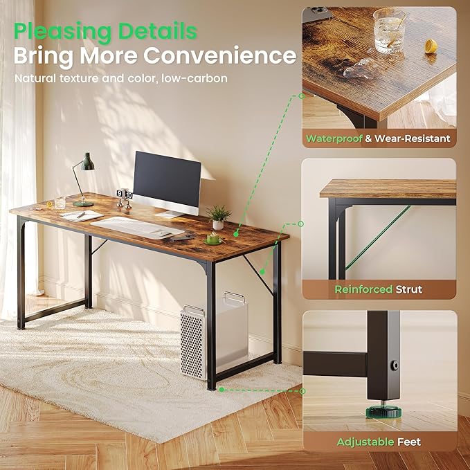 Huuger Computer Desk, 55 Inch Home Office Desk, Gaming Writing Work from Home Study Desk, Large Legroom, Sturdy Metal Frame, Modern Simple, Rustic Brown-NeatNest