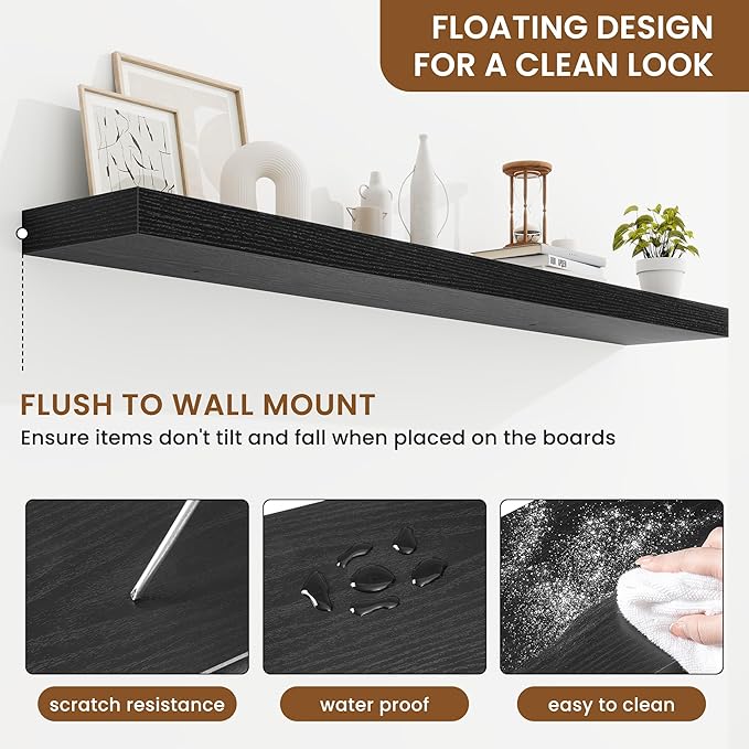 fuqing Floating Shelves for Wall, Bathroom Shelf Wall Mounted for Storage, Shelves with Invisible Bracket for Bedroom, Kitchen, Living Room, Farmhouse Small Book Shelf, 55 Inch Set of 2, Black-NeatNest