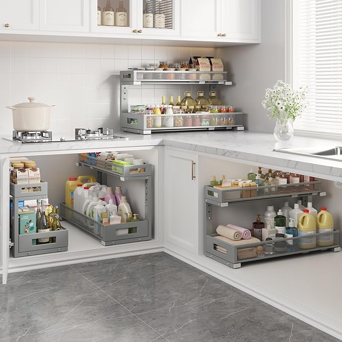 1 Pack 20.47IN Depth Under Sink Storage Organizer, Large 2-Tier Elegant Mesh Pull Out Shelf for Kitchen and Bathroom Cabinet Organization, L-Shaped and Adjustable Height Design-Gun Gray-NeatNest