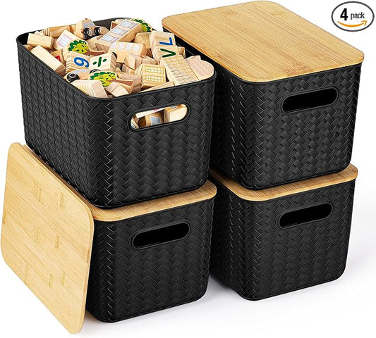 4 Packs Storage Bins with Bamboo Lids - Plastic Storage Containers with Lids Stackable Storage Box: Storages Baskets for Organizing Desktop Closet Playroom Classroom Office, Black