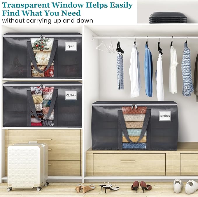 HomeHacks 8 Pack Extra Large Moving Bags with Visual PVC Window & Zippers, Storage Totes with Reinforced Handles, Heavy Duty Storage Bags for Packing, Moving, Storage (93L,Grey)
