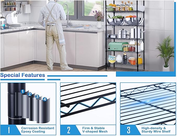 6-Tier Metal Wire Shelving Unit Snack Shelf Height Adjustable Storage Rack NSF Certified Storage Shelves 1500 Lbs Capacity Standing Utility Shelf for Laundry Kitchen Pantry Garage Organization