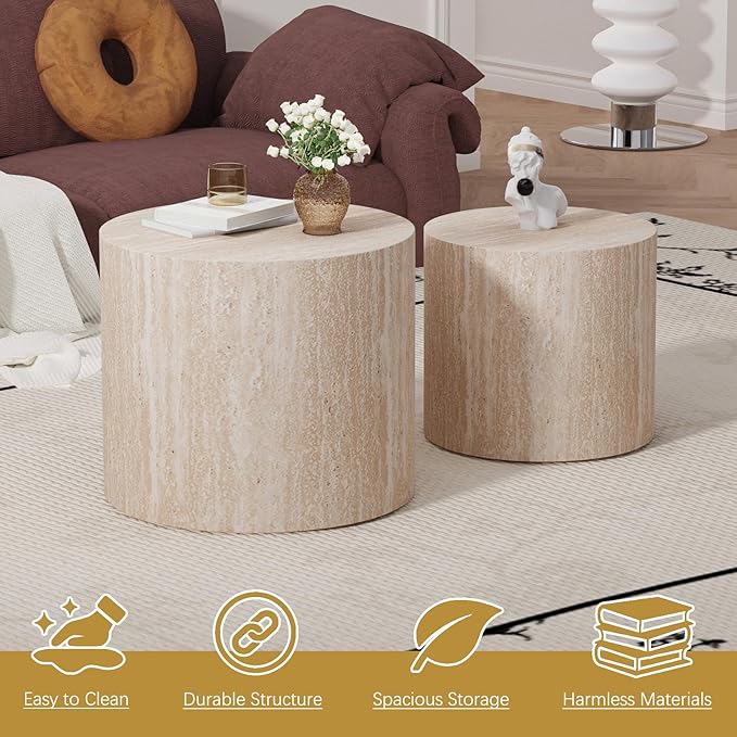 Round Coffee Table Set of 2 Modern Nesting Coffee Tables Wooden Drum Coffee Tables with Non-Slip Feet, Circle Nesting Tables End Table for Living Room Office, No Assembly (Travertine 18.11"+14.57")