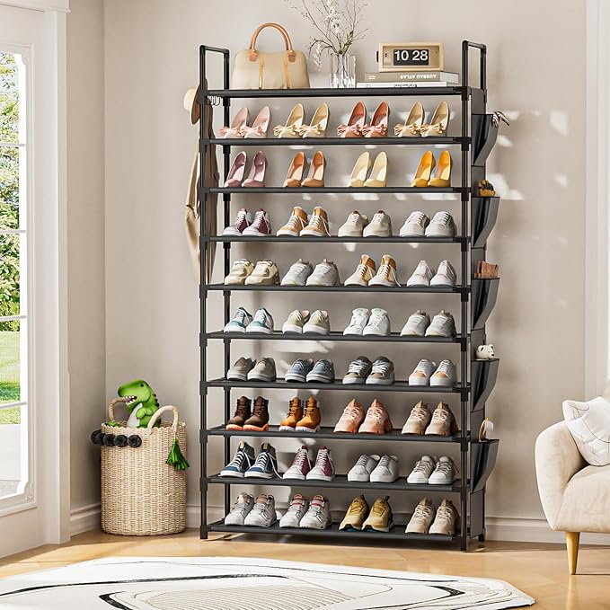 Tall Shoe Rack 10 Tier Shoe Racks Organizer for Closet 40-45Pairs,Large Capacity Storage Rack for Shoes with 5Hooks,Sturdy Metal Shoe Shelf, Vertical Shoe Stand Tower-NeatNest