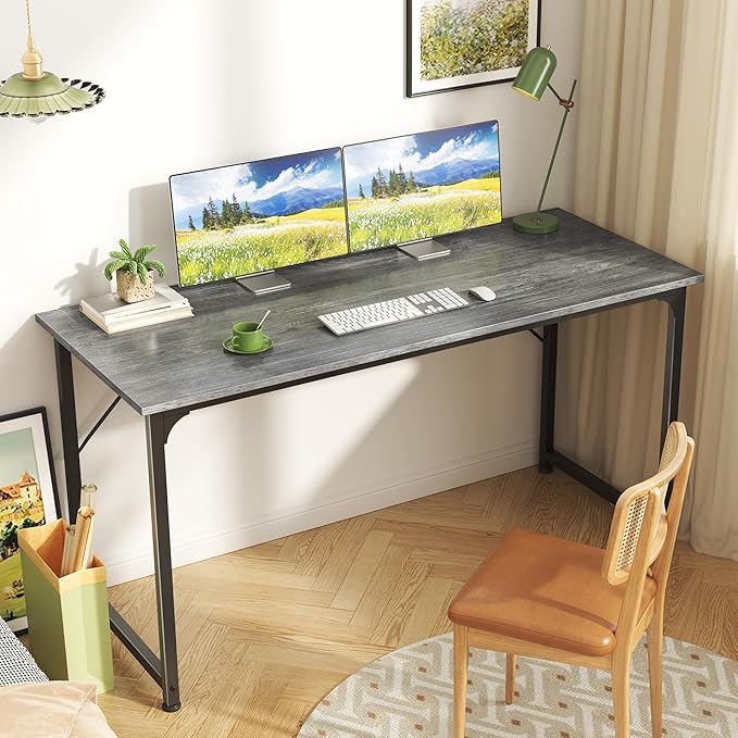 Huuger Computer Desk, 55 Inch Home Office Desk, Gaming Writing Work from Home Study Desk, Large Legroom, Sturdy Metal Frame, Modern Simple, Grey-NeatNest