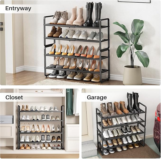 Shoe Rack - Expandable Shoe Organizer for Closet, Adjustable Metal Shoe Shelf Storage, 4 Tier Stackable Long Shoe Stand Holder for Garage, Entryway, Door Entrance, Black-NeatNest