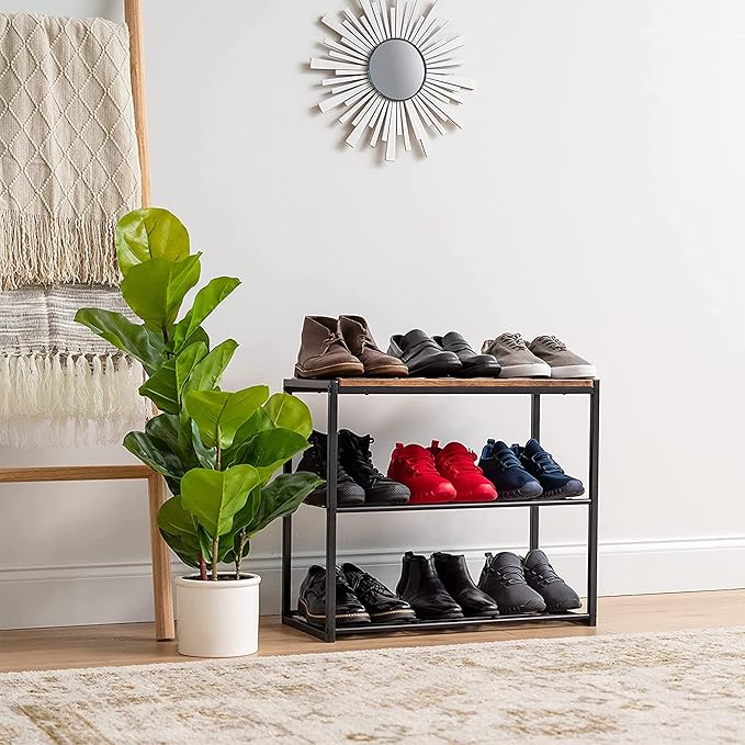 IRIS USA 3-Tier Shoe Rack, Up to 6 Pairs, Shoe Bench for Front Door Entrance, Entryway, Mudroom Bench, Shoe Organizer for Closet, Shoe Storage Shelf, Modern Wood and Metal Shoe Rack Bench