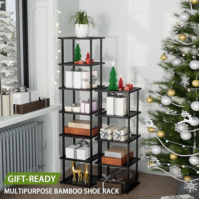 Vertical Tall Shoe Rack Organizer for Entryway -12 Tier Free Standing Slim Narrow Bamboo Wood Corner Stackable Shoe Boots Storage Stand Small Spaces for Closet Garage Cloakroom Living Room (Black)-NeatNest