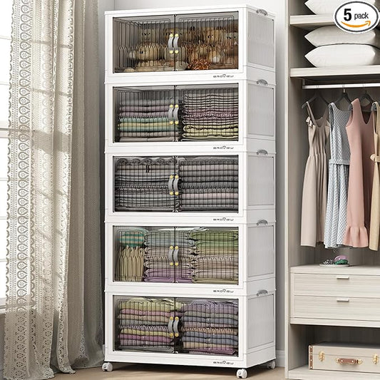 600Qt Stackable Storage Bins with Lid, Extra Large Closet Organizer Collapsible Drawer Boxes with Wheels, Folding Plastic Cabinet Containers for Home Kitchen Room Organization, 5Pack White