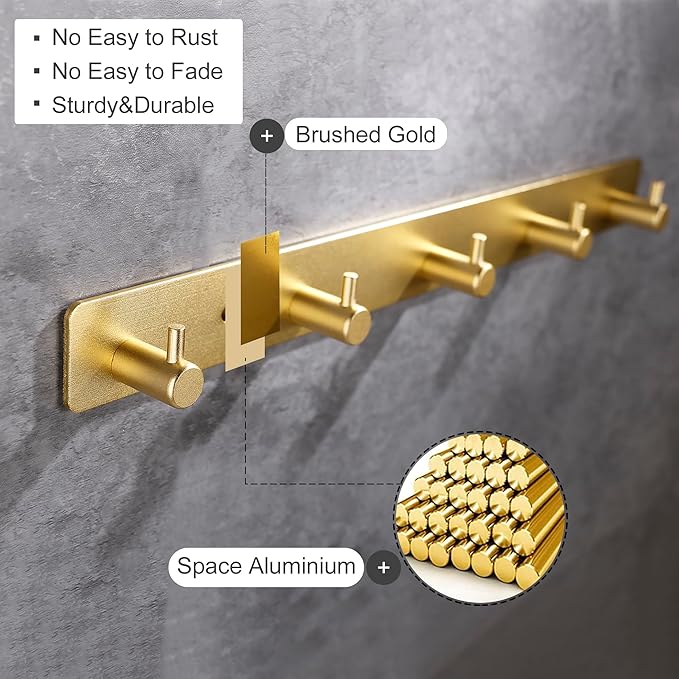 Gold 5 Wall Hooks, Brushed Gold Bathroom Hook Rail, Self Adhesive 5 Hooks Key Hook Rack Hanger Towel Robe Stick Hooks for Toilet Entryway Hallway Kitchen Wall Mounted