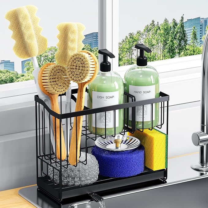 2 Tier Sponge Holder for Kitchen Sink Caddy with High Brush Holder, Kitchen Countertop Organizer and Storage Essential, Soap Dispenser Organize with Drain Tray-NeatNest