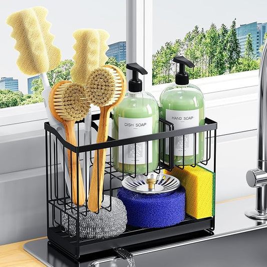 2 Tier Sponge Holder for Kitchen Sink Caddy with High Brush Holder, Kitchen Countertop Organizer and Storage Essential, Soap Dispenser Organize with Drain Tray-NeatNest