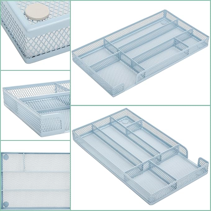 Annova Desk Drawer Organizer/Storage Tray - Metal Mesh with Dividers for Pens, Desktop Accessories, Bathroom, Kitchen, Makeup and Office Supplies (Small, Morandi Blue)-NeatNest