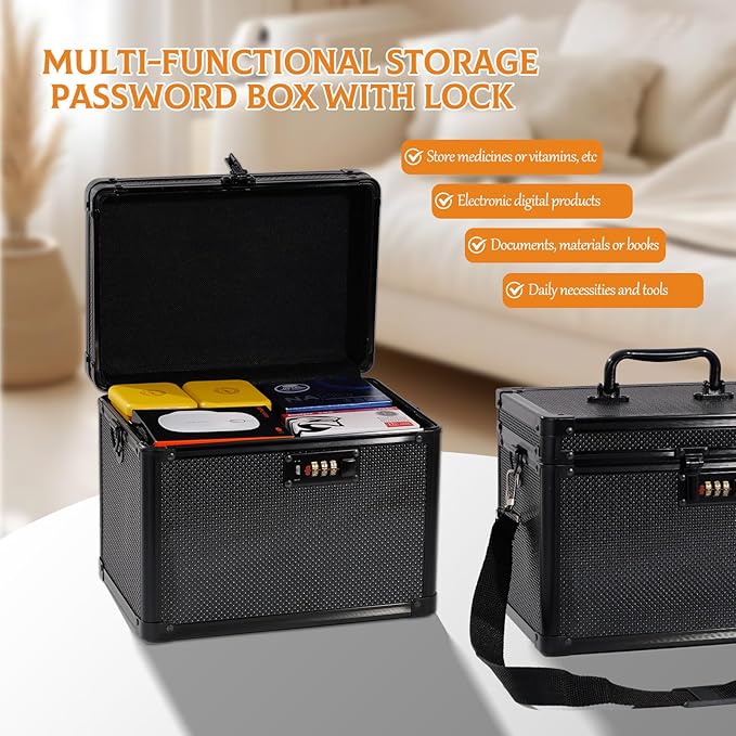 Medication Combination Lock Boxes with Code for Personal Items, Shoulder Medicine Lockbox with Belt for Documents 10 x 7.25 x 7.75 Inches Pure Black