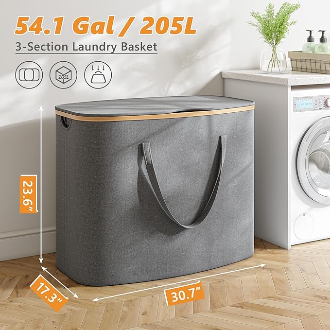 205L Laundry Hamper with Lid 3 Section, Extra Large Laundry Basket with 3 Removable Bags, 54GAL Laundry Basket Organizer for Bedroom, Laundry Room, Dorm,Clothes Hamper,Grey-NeatNest