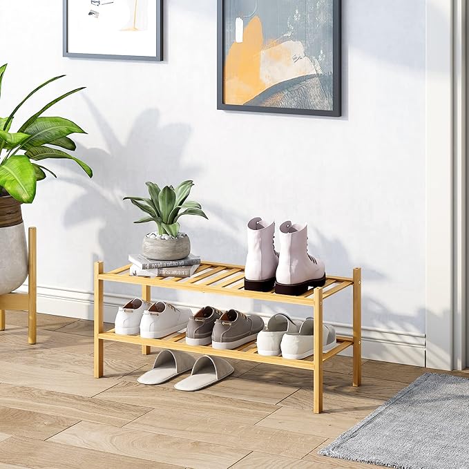 BMOSU 2-Tier Bamboo Shoe Rack Premium Stackable Shoe Shelf Storage Organizer for Hallway Closet Living Room Entryway Organizer (Natural Bamboo)-NeatNest