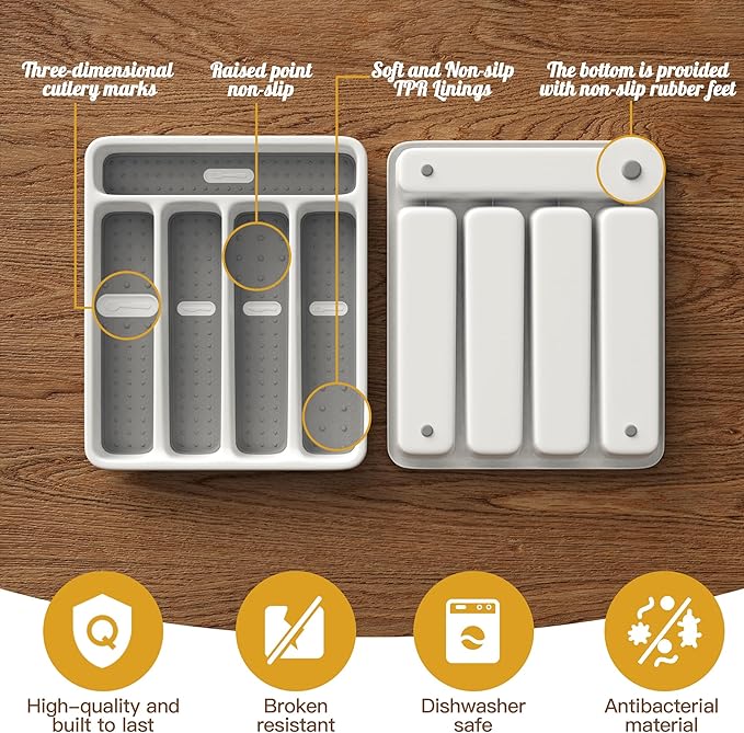 5-Slot Utensil Drawer Organizer for Silverware & Cutlery | Large Plastic Utensil Holder with Non-Slip Design, Silverware Drawer Organizer, BPA-Free (White)-NeatNest