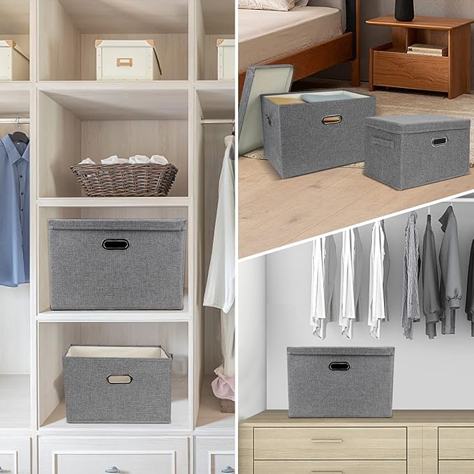 DAYARD Foldable Storage Boxes with Lids Linen Fabric Stackable Storage Bins Organizer Containers Baskets Cube with Cover for Closet Office Nursery, Grey XL (20 x 14 x 12)-NeatNest