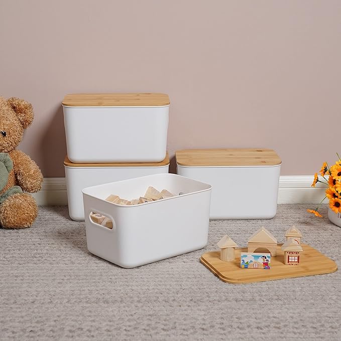 Citylife 4 PCS Storage Bins with Bamboo Lids Plastic Storage Containers for Organizing Stackable Storage Box with Handle, 10.23 x 7.08 x 6.3 inch-NeatNest
