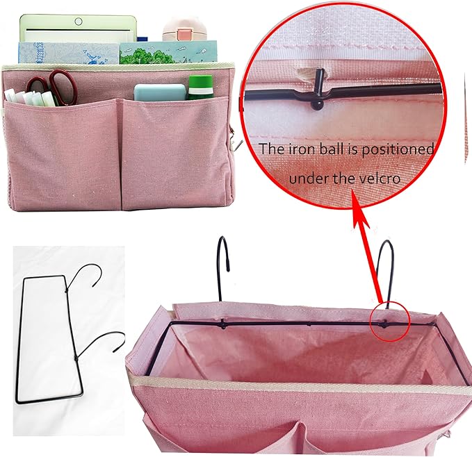 2-Pack Bedside Caddy Bedside Hanging Storage Basket Multi-Function Organizer Caddy for Bunk and Hospital Beds Dorm Rooms Bed Rails, Can be Placed Glasses Books Mobile Phones（2 pcs pink）-NeatNest