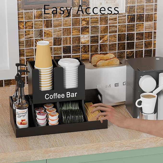 Coffee Station Organizer, Wooden Coffee Bar Organizer for Countertop, Condiment and Cup Storage Organizer, Bar Accessories for Kitchen, Office, Home, Black-NeatNest