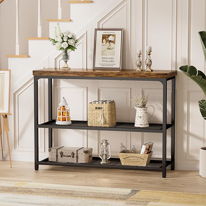 47" Console Table, 3-Tier Entryway Table, Sofa Table with Mesh Shelves, Console Tables for Living Room, Bedroom, Hallway, Entryway, Foyer, Rustic Brown-NeatNest
