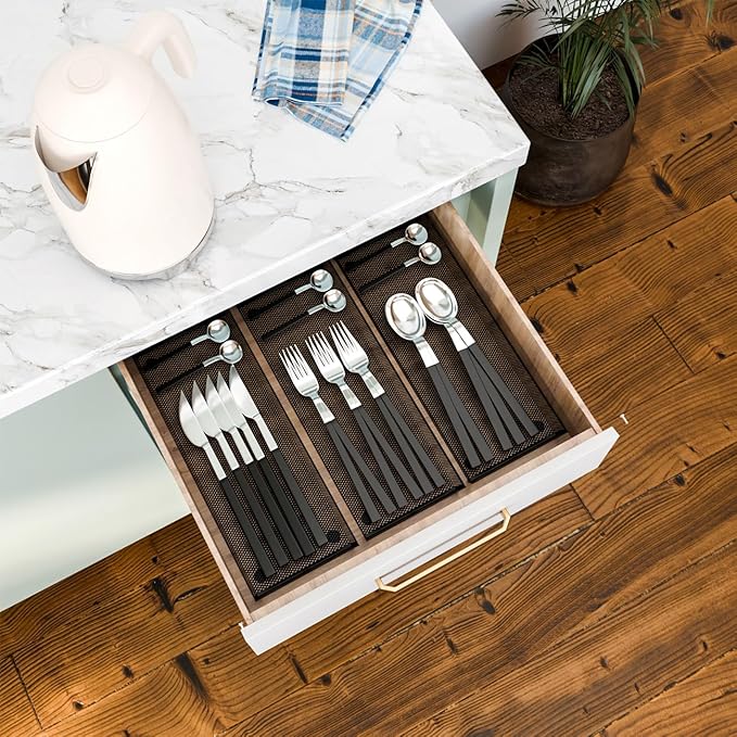 BYCY Silverware Drawer Organizer, Mesh Utensil Organizer for Kitchen Storage, Black Steel Metal Mesh Tray for Flatware Fork Spoon Knife… (15 * 6-4P-Black)-NeatNest
