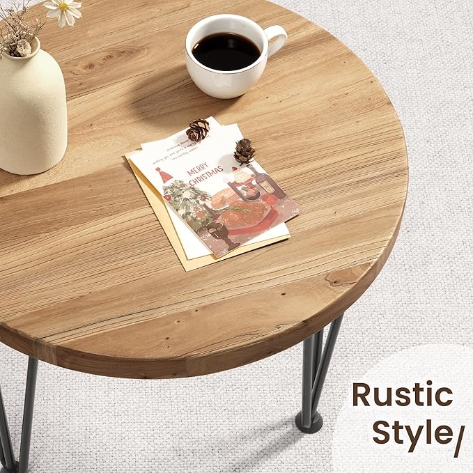 Fun Memories Round Coffee Table - Elm Wood Nesting Table with Metal Legs & Non Slip Feet Base - Rustic Nesting End Tables for Living Room Bedroom - 14" D x 14" W x 16" H - Natural Color