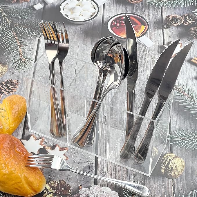 Clear Acrylic Cutlery Storage Organizer, Plastic Cutlery Utensil Holder Storage Organizer Caddy for Kitchen Countertop Organization, Holds Fork, Knife, Spoon, Pen, Silverware Tableware Storage Box-NeatNest