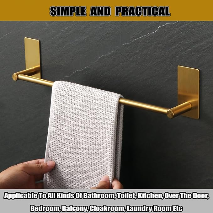 Alise Towel Racks for Bathroom, 16 Inch SUS 304 Stainless Steel Adhesive Gold Towel Bar No Drill, Towel Rack Wall Mounted，Rustproof Bath Towel Holder