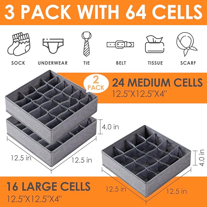 Criusia 3 Pack Sock Underwear Organizer Dividers, 64 Cell Drawer Fabric Foldable Cabinet Closet Storage Boxes for Storing Socks, Underwear, Ties (16+24+24 Cell, Gray)-NeatNest