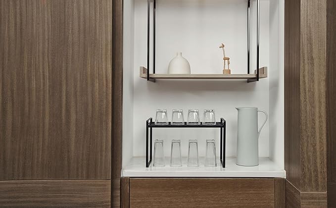 2Pack Kitchen Cabinet Shelf Counter Organizer Rack Pantry Storage Bathroom Bedroom Office Table Desk Space Saving Stackable Rust Resistant Non Slip Black Tall Wide L16.1in W10.6in H9.5in-NeatNest