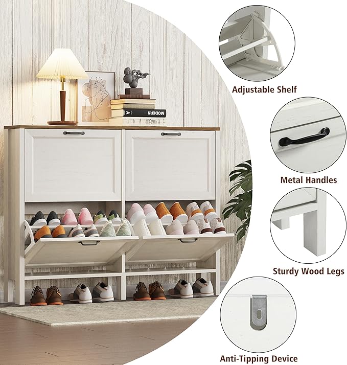 Shoe Storage Cabinet with 4 Flip Drawers, Wooden Shoe Rack with Metal Handle, Freestanding Hidden Shoe Storage Organizer with Open Shelf, Narrow Shoe Rack for Entryway, Hallway (White Brown)