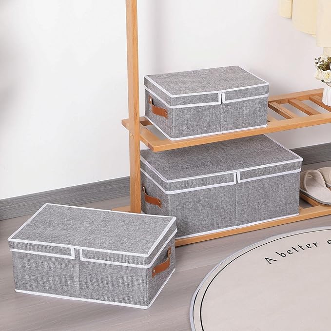 3-Pack Storage Boxes, Foldable Blanket Basket with Detachable Lid, Linen Closet 0rganizers with Double Handles, Collapsible Cubes for Organizing, Grey, 13 x 9.1 x 5.5 inch-NeatNest