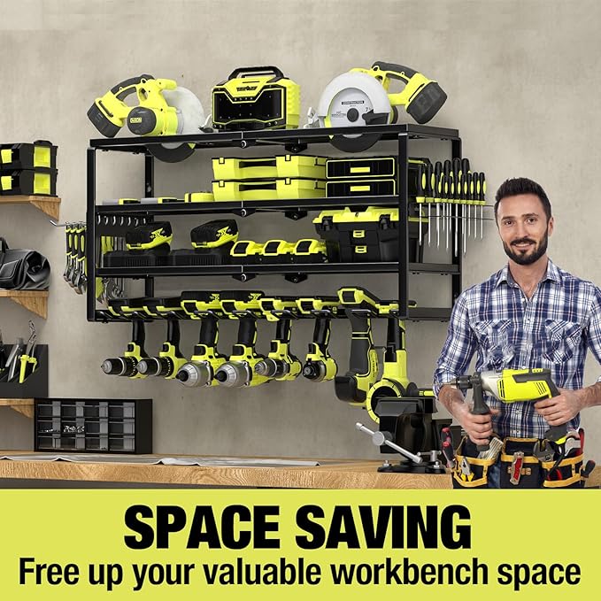 4 Layer Power Tool Organizer Wall Mount, Battery Tools Holder with Charging Station Shelf, Cordless Drill Hanger Storage Rack for Garage Organization, Workshop, Pegboard - 32 Inch 8 Slots