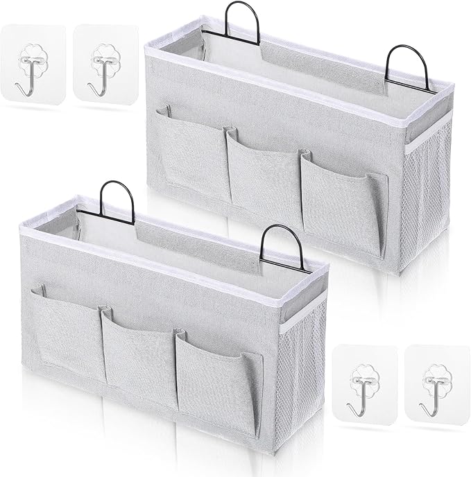 2pcs 3-Pockets Large Wall Hanging Organizer Bag, Linen Fabric Door Hanging Storage Baskets with Pockets, Waterproof Bin for Kitchen, Bedroom, Office, RV Camper