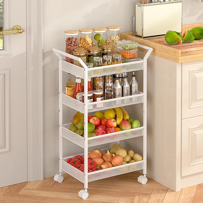 4-Tier Standing Storage Shelves, Shelving Unit with Wheels, Freestanding Shelf for Bathroom, Laundry, Kitchen Organizers and Storage,White-NeatNest