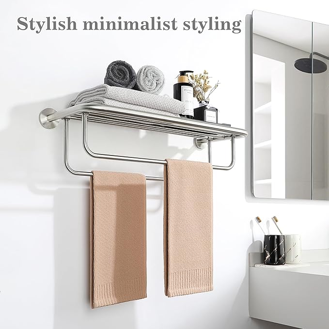 Alise Towel Rack for Bathroom,24 Inch Brushed Towel Holder for Lavatory,Towel Hanger with Double Towel Bars for Bath Wall,Wall Mount SUS304 Stainless Steel Towel Drying Storage Shelf,GYSJ9260-LS