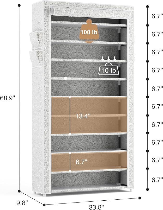 ROJASOP 10 Tier Shoe Rack with Covers Large Capacity Stackable Tall Shoe Shelf Storage for 50-55 Pairs Shoe and Boot, Sturdy Free Standing Shoe Rack Organizer for Closet, Entryway, Bedroom-NeatNest