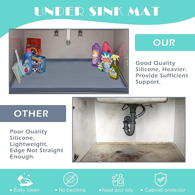 URMONA Waterproof Silicone Under Sink Mat 19'' x 12'' Shelf Liner for Kitchen and Bathroom, Cabinet and Counter Protector, Storage and Organizers, Litter Mat, Pet Cat Puppy Essentials(Black)-NeatNest
